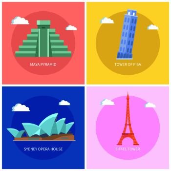 Maya Pyramid and Pisa Tower, Sydney Opera House, Eiffel Tower famous European sightseeing places for tourists headlines collection vector illustration. Maya Pyramid and Pisa Tower Vector Illustration