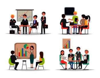 Business meetings collection, people thinking on ideas, brainstorming and presenting information in visual representation, set vector illustration. Business Meetings Collection Vector Illustration