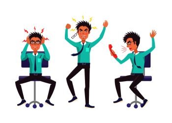 Businessman angry collection, worker showing anger, rage and frustration, person working in office having problems isolated on vector illustration. Businessman Angry Collection Vector Illustration
