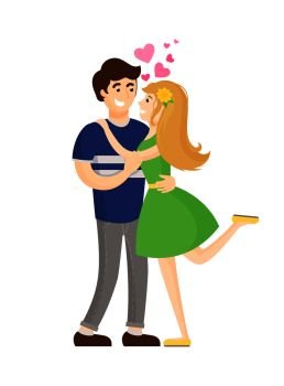 Boy and girl hugging with hearts showing love and passion, vector illustration isolated on white background, girlfriend in green dress rise leg up. Boy and Girl Hugging with Hearts Showing Love