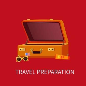 Travel preparation poster with headline, text sample and opened luggage, sun lotion, sunglasses protecting eyes from sunshine vector illustration. Travel Preparation Poster Vector Illustration