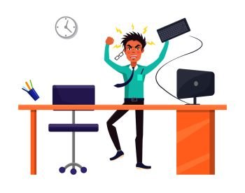 Businessman throwing keyboard, filled with anger and irritation, office working day and aggressive worker at workplace isolated on vector illustration. Businessman Throwing Keyboard Vector Illustration