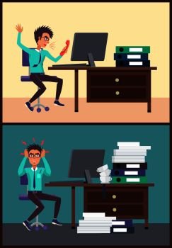 Shouting businessman working in office, behaving in irritative manner, angry of deadlines and tired nights thinking of problems vector illustration. Shouting Businessman in Office Vector Illustration