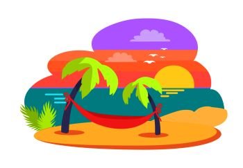 Island tropical travelling, exotic picturesque landscape, seascape hammock between growing palms, beach and sunset, isolated on vector illustration. Island Tropical Travelling Vector Illustration