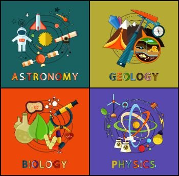 Biology lab and workplace concept. Space and astronomy equipment. Pick, compass and geology tools, atoms and lights, radioactive and air energy vector. Astronomy, Physics, Geology, Biology Graphics