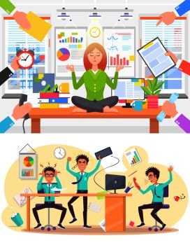 Calm woman and stressed man at office work set. Girl meditates on table while given orders, angry guy screams or has headache vector illustrations.. Calm Woman and Stressed Man at Office Work Set