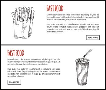 Fastfood poster French fries soft drink in cup. Cold beverage and fried potatoes sticks in package. Monochrome sketches outline vector illustration. Fastfood Poster French Fries Vector Illustration