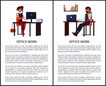 Office work banners set business people man and woman sitting at tables with computers and dreaming about rest, vector workers posters with text sample. Office Work Banners Set Business People Man Woman