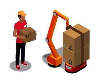 Plant worker holding cardboard box color poster, vector illustration of employee in bright helmet which standing near transporting and mechanic robots. Plant Worker Holding Cardboard Box Color Poster