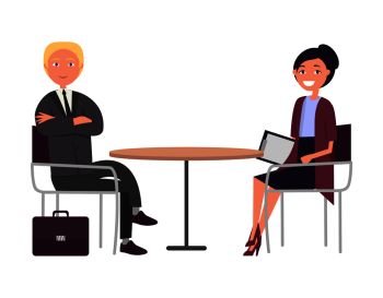 Man in suit and woman in skirt speak at business meeting. Office workers on job interview around table with folder of documents vector illustration.. Man in Suit and Woman Speak at Business Meeting