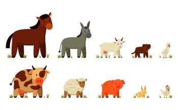Horse and cow, donkey and sheep, goat and pig, dog and rabbit, goose and hen. Large and small farm and domestic animal vector cartoon illustration.. Farm Animals Illustration Set Isolated on White