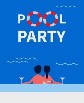 Pool party couple drinking alcoholic beverages poured in glasses. Wine drinking of man and woman having holidays. Swimming basin and people vector. Pool Party Couple Drinking Vector Illustration