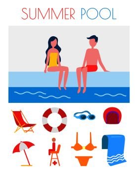 Summer pool poster,  with icons of goggles towel lifebuoy umbrella and bathing suit. Hat and glasses of professional swimmers. Couple by basin vector. Summer Pool Poster with Icons Vector Illustration