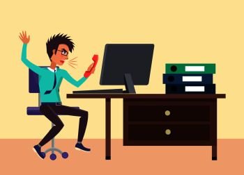 Angry businessman shouting at phone on secretary, male working in office irritated and stressed, business person expressing anger vector illustration. Angry Man Shouting at Phone Vector Illustration