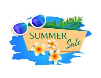 Summer sale summertime banner with text isolated vector. Stripe with sunglasses and flowers, tropical floral plants, blooming. Discounts and sell out. Summer Sale Summertime Banner Vector Illustration