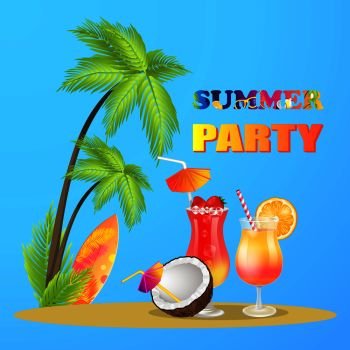 Summer party with cocktails set vector. Surfing board on sand, coconut strawberry and orange tastes of beverages in glasses with umbrella and straw. Summer Party with Cocktails Vector Illustration