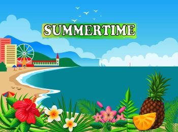 Summertime poster with seashore vector. Summer season leisure, coastline with umbrella, amusement park, hotels. Buildings and attractions, ferris wheel. Summertime Poster Seashore Vector Illustration