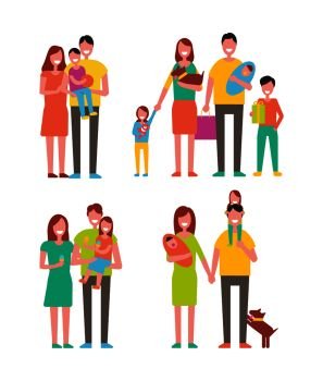 Family couples and kids set. People with children newborn babbies on mothers hand. Woman with pet canine dog father with child on neck isolated vector. Family Couples and Kids Set Vector Illustration