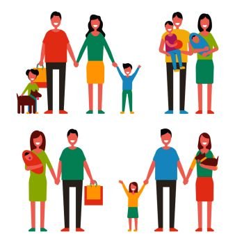 Family members cartoon characters spend time together. Parents and kids, children play with pets, happy relatives mother, father son and daughter vector. Family Members Cartoon Characters Walking Together