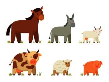 Red horse and donkey, spotted cow and pinky pig, goat and sheep poster. Big farm animal vector illustration set in cartoon style isolated on white.. Big Farm Animals Vector Illustration Set Poster