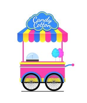 Candy cotton wagon colorful vector illustration isolated on white cart for sweet street food, cute van tasty snacks with handle and two wheels. Candy Cotton Wagon Colorful Vector Illustration