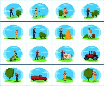 Set of banners with farmer working on farm in cartoon style. Man and woman in uniform watering plants, digging ground and sowing seeds, picking fruit. Farmer Working on Farm Cartoon Set of Banners