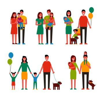 Family members cartoon characters spend time together. Parents and kids, children play with pets, happy relatives mother, father son and daughter vector. Family Members Cartoon Characters Walking Together