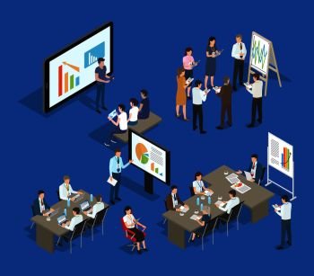 Presentation on monitor or white board set vector. Isolated isometric 3d icons of people on meetings and seminars discussing problems and statistics. Presentation on Monitor Set Vector Illustration