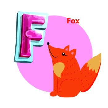 Fox animal for F letter abecedarian demonstration. Zoo children acrophony with cartoonish gleeful foxy character and embossed uppercase consonant.. Fox Character and Uppercase F for Kids Alphabet