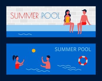 Summer pool vacation of people posters set with text. Couple on poolside man and woman relaxing in water. Freelancers playing water game polo vector. Summer Pool Vacation of People Vector Illustration