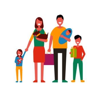 Family happy day for people. Mother holding pet father with newborn child and kids beside parents. Girl with bear toy boy with present gift vector. Family Happy Day for People Vector Illustration