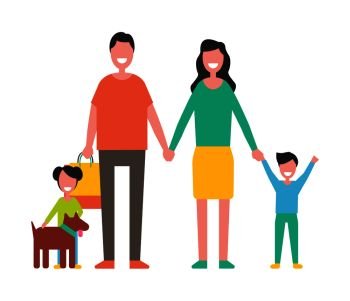Family members mother, father, sons and dog pet isolated. Happy couple and children, close relatives walk together, cartoon style vector illustration. Family Members Mother, Father, Sons and Dog Vector