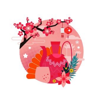 Mid autumn festival circle with floral elements and items set. Sakura branch and flowers teapot with cup and architecture buildings isolated  vector. Mid Autumn Festival Circle Set Vector Illustration