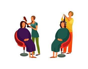 Spa salon hair styling and stylists working with clients. Isolated icons set vector treatment, making new haircuts and hairstyles of ladies in chairs. Spa Salon Hair Styling Stylists Icons Set Vector