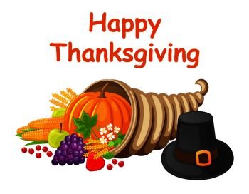 Happy Thanksgiving day celebration poster with food vector. Fresh pumpkin, hat and grapes, corn and ears of wheat. Meal and symbol signs of holiday. Happy Thanksgiving Day Poster with Food Vector