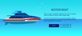 Two deck motor boat advertisement poster offering traveling on yachts by sea or ocean vector illustration. Sailboat web page design in travelling concept. Two Deck Motor Boat Advertisement Poster