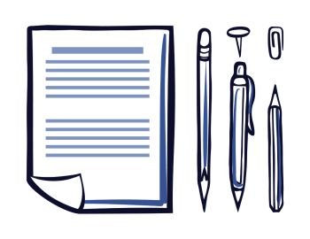Office sheet of paper, document page icons set monochrome sketch vector. Pen and pencil for writing and assigning documentations. Clip and eraser. Office Paper Document Page Icons Set Sketch Vector