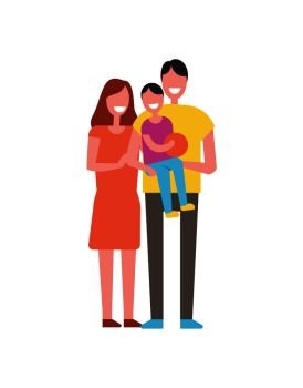 Happy family with one child vector icon. Smiling people, father carrying son with ball in hands, standing together, hug each other, cartoon banner. Happy Family with One Child Cartoon Vector Icon