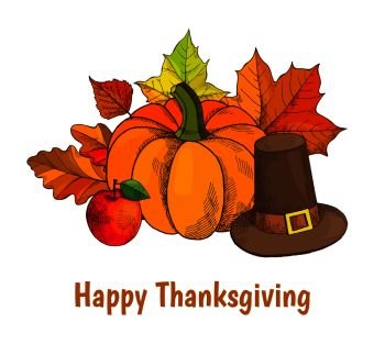 Happy Thanksgiving day poster with text and hat vector. Pumpkin vegetable and maple leaves, foliage of trees, withered flora. Ripe apple and old cap. Happy Thanksgiving Day Poster with Hat Vector