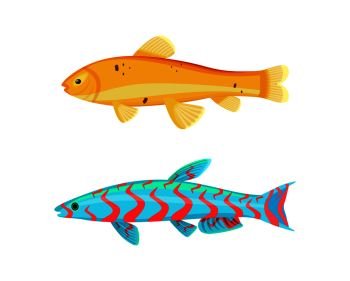 Malawi yellow zebra fish set. Limbless animals living in water with red lines on body. Biological organisms of seas and oceans vector illustration. Malawi Yellow Zebra Fish Set Vector Illustration