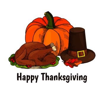 Happy Thanksgiving turkey and veggie poster with text vector. Hat with belt, meat on plate with cranberries berries and leaves. Pumpkin vegetable. Happy Thanksgiving Turkey and Veggie Poster Vector