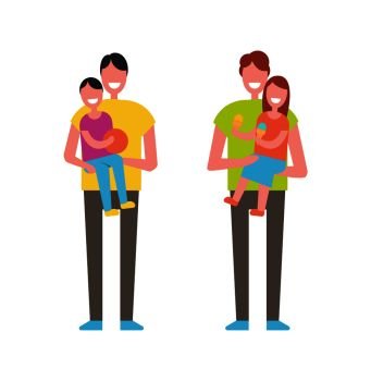 Fathers day poster with two dads holding son and daughter on arms. Happy fatherhood concept vector isolated. Children and parents together. Fathers Day Poster Dads Holding Son and Daughter