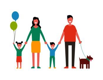 Happy family colorful vector icon cartoon style. Smiling people, parents holding children hands, kid with balloon, and dog on leash, isolated banner. Happy Family Colorful Vector Icon in Cartoon Style