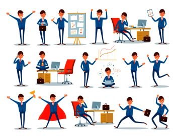 Man busy with work, businessman characters at work vector. Superhero and director talking on phone. Presenter on meeting, employer with plan in office. Man Busy with Work, Businessman Characters at Work