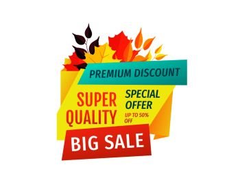 Discount and big sale emblem with autumn leaves. Special offer for fall season promo logo, signs beside nature element, vector illustration isolated.. Discount and Big Sale Emblem with Autumn Leaves