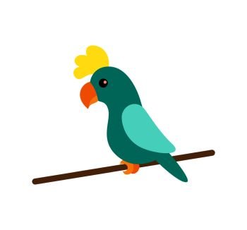 Tropical animal with feathers, bird with plumage vector. Wildlife species, macaw animal sitting on wooden stick. Isolated pet from jungle, parrot. Tropical Animal with Feathers, Bird with Plumage