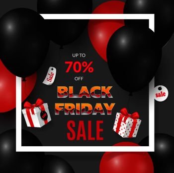Black Friday poster with deals and new offers vector. Discount and banner with text, 70 percent reduction of price, presents and balloons sellout. Black Friday Poster with Deals and New Offers