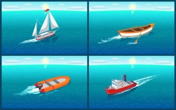 Water transport and wooden rowing boat, set of vessels vector. Ships for transportation of people goods, ferry and sailing vehicle with ribbon on top. Water Transport and Wooden Rowing Boat Vector