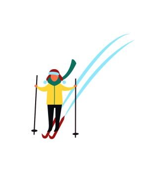 Child skiing down hills with sticks in hands winter sport activity isolated vector. Person in warm clothes goes ski running. Kids recreation at cold weather. Children Skating on Ice Rink Winter Sport Activity