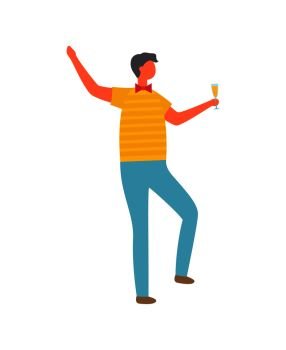 Man in yellow t-shirt and blue jeans celebrate Christmas. Drunk guy with glass of champagne send best wishes to everyone in New Year, vector isolated. Man in Yellow tshirt and Jeans Celebrate Christmas